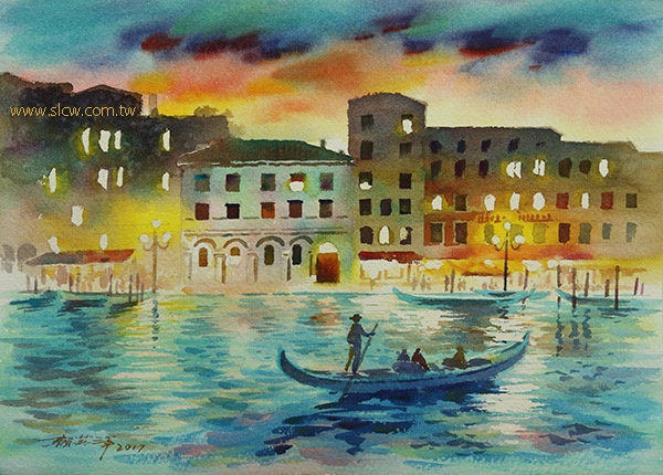 A Gondola Ride in Venice_威尼斯船影_painted by Lai Ying-Tse